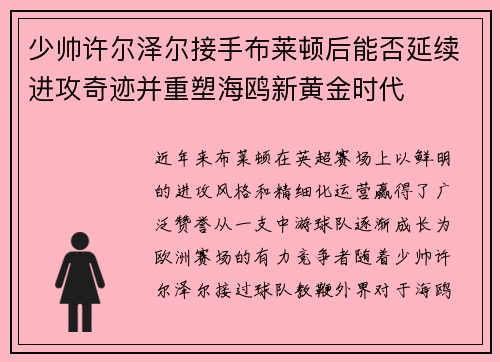 少帅许尔泽尔接手布莱顿后能否延续进攻奇迹并重塑海鸥新黄金时代