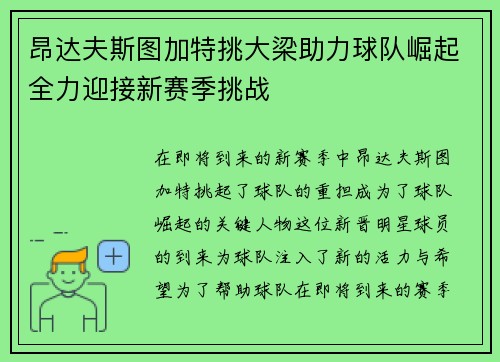 昂达夫斯图加特挑大梁助力球队崛起全力迎接新赛季挑战